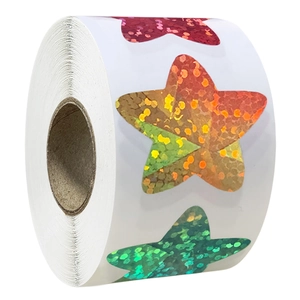 Roll of 500 holographic laser star stickers in vibrant rainbow colors for rewards