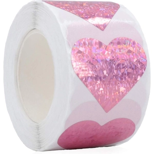 Rotolo di adesivi olografici a cuore rosa per confezioni regalo e sigilli decorativi