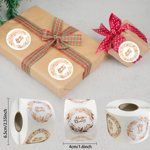 Roll of 500 gold foil Merry Christmas stickers with vintage floral wreaths for gift decor