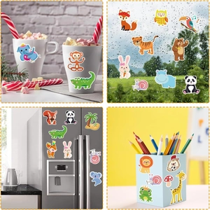 Reusable cute cartoon animal static stickers displayed on water bottle and fridge surface
