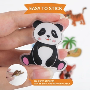 Detail of reusable panda and tiger static stickers showing the easy peel-off feature