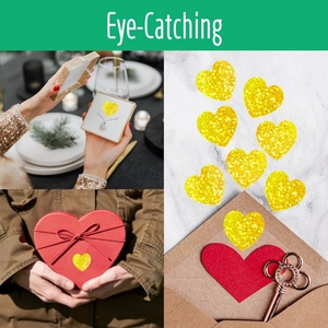 Macro detail of sparkly yellow glitter heart stickers for gift boxes and envelope sealing