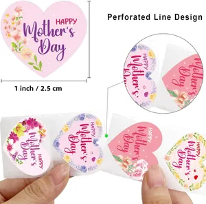 Detail of 1 inch heart-shaped Mother's Day stickers with floral design and perforated line