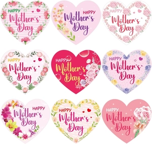 Set of 9 heart-shaped Mother's Day stickers with floral designs and festive greetings