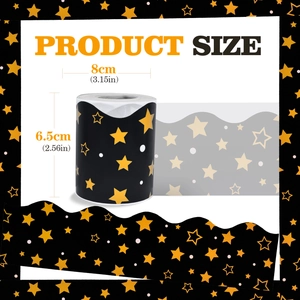 Detail view of 8cm wide graduation sticker roll with gold stars and white polka dots