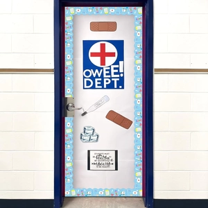 Classroom door decoration kit featuring blue heart borders and medical theme stickers
