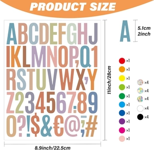 Detailed size chart for 2 inch colorful alphabet and number stickers set on a white background