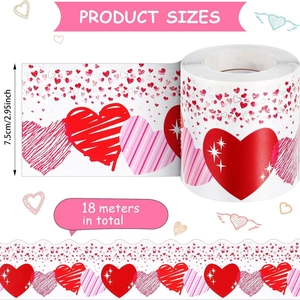 Valentine's Day heart-themed bulletin board borders, 18m roll of red and pink stickers