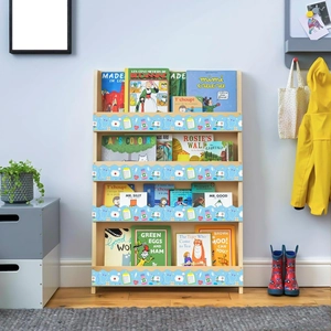 Detail of 4-tier wooden kids bookshelf with blue nurse theme medical icons decoration