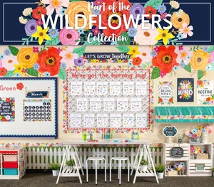 Wildflowers classroom bulletin board set with floral borders and motivational posters