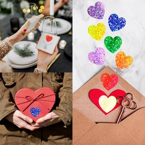 Glitter heart stickers applied to gift boxes and envelopes for creative decoration