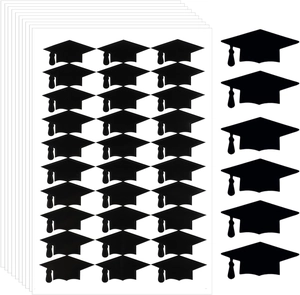 Detail of black graduation cap adhesive stickers showing 300 labels per roll for sealing
