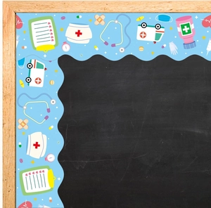 Detail of scalloped bulletin board border with medical icons on wooden chalkboard