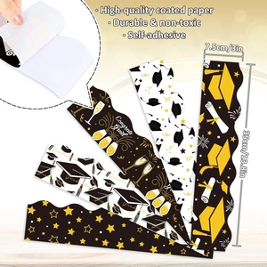 Graduation bulletin board borders with black and gold Congrats Grad designs on wood texture