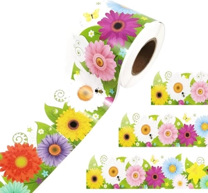 Roll of colorful floral chalkboard borders with daisies, bees and butterflies patterns
