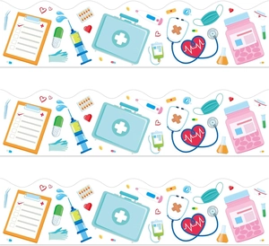 Detail of medical theme sticker rolls featuring stethoscopes and syringes on white background