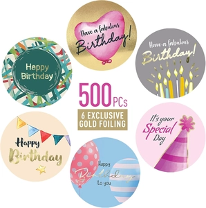 Detail of 500 gold foil birthday stickers with 6 exclusive designs and shiny metallic finish