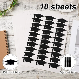 Set of 300 black graduation cap stickers for party favors and envelope seals