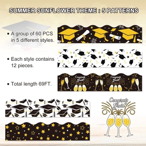 60 PCS Graduation themed bulletin board borders with gold and black festive patterns