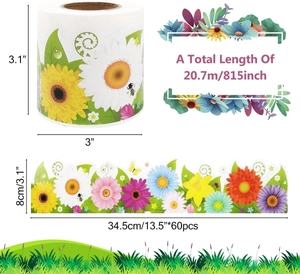 Detailed size chart for floral bulletin board borders showing 34.5cm length and 8cm width