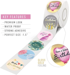 Detail showing 1.5-inch gold foil waterproof birthday stickers with strong adhesive roll