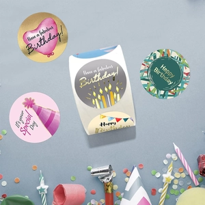 Detail of colorful birthday round stickers with gold foil and festive patterns for gifts