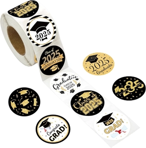 Class of 2025 graduation stickers with gold glitter foil and graduation cap designs