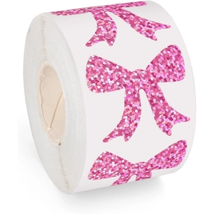 Pink Glitter Bow Sticker Roll Holographic Laser Decorative Labels For Gift Wrapping DIY Sealing Stationery Scrapbooking