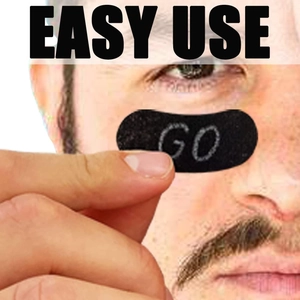 Close-up of waterproof black oval eye stickers featuring GO lettering for easy application