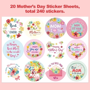 Detailed grid showing 12 different floral Mother’s Day sticker designs for gift wrapping
