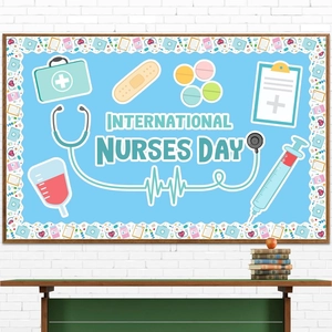 Classroom scene showing International Nurses Day poster with medical cartoon icons