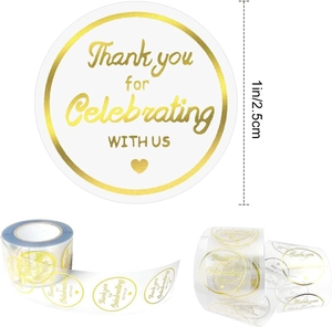 Macro detail of 1-inch gold foil Thank You stickers with dimensions and roll display