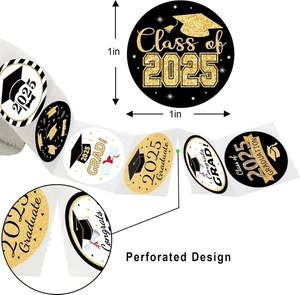 Detail of Class of 2025 graduation stickers with gold glitter foil and perforated design