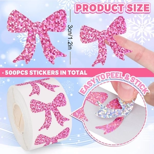 Roll of 500 pieces pink glitter bow stickers for gift decoration, 1.2 inch size