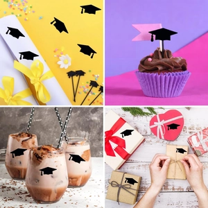 Black graduation cap stickers used on cupcakes, envelopes, cups and gift boxes