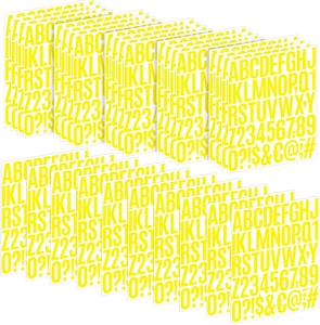 Detail of bright yellow waterproof vinyl letter and number stickers for mailboxes