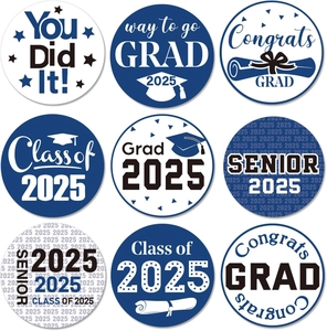 Close-up of 9 designs of Class of 2025 graduation stickers for envelopes and gifts