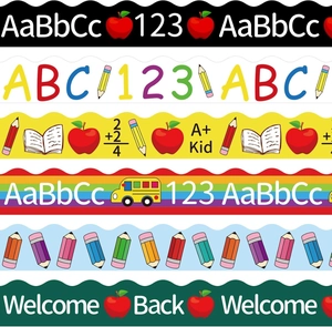 Detail of 6 decorative border stickers with school themes and wave edge design