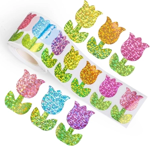 Detail view of colorful tulip glitter stickers with shimmering finish and roll format