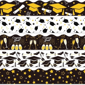 Black and gold graduation border stickers with caps and diplomas for bulletin boards