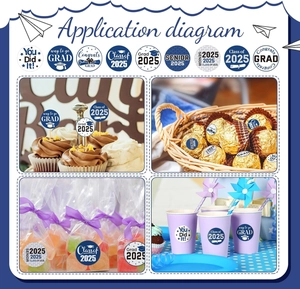 Detail of 2025 graduation stickers for party favors, gift boxes and cupcake toppers