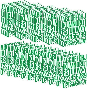 Green vinyl letter and number sticker sheets featuring full alphabet and numeric sets