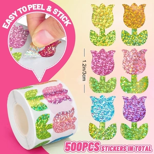 Detail of laser glitter tulip stickers showing easy peel feature and various colors