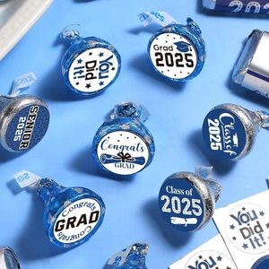 Close-up of Class of 2025 graduation stickers for gift favors and envelope seals