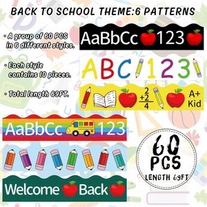 60 PCS Back to School bulletin board borders stickers, 6 designs, 69 ft total length