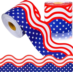 10-meter roll of red white and blue wavy scalloped border trim stickers for decoration