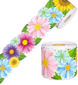 S-shaped display of wavy floral border stickers with daisy and sunflower patterns