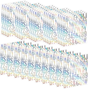 Macro detail of laser holographic alphabet stickers with 26 letters and numbers