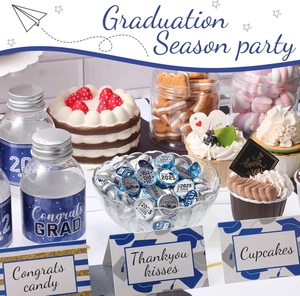 Blue and gold graduation party set with Congrats Grad water bottle labels and table cards