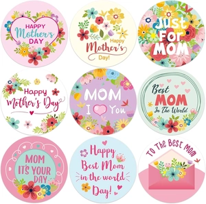 9-piece Happy Mother's Day floral round adhesive sticker labels in warm pastel colors